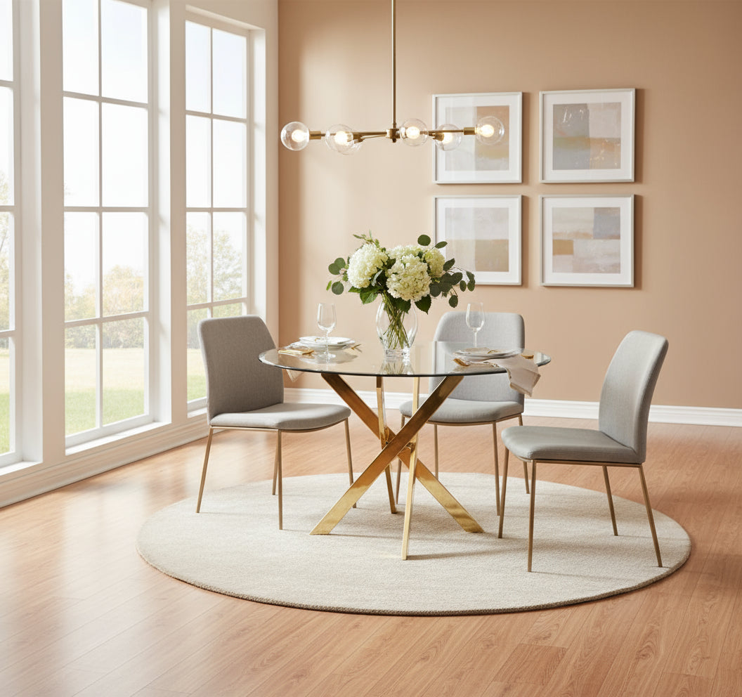 Table à manger ronde JESSICA TRANSPARENT pieds Gold 100 cm 4 couverts
