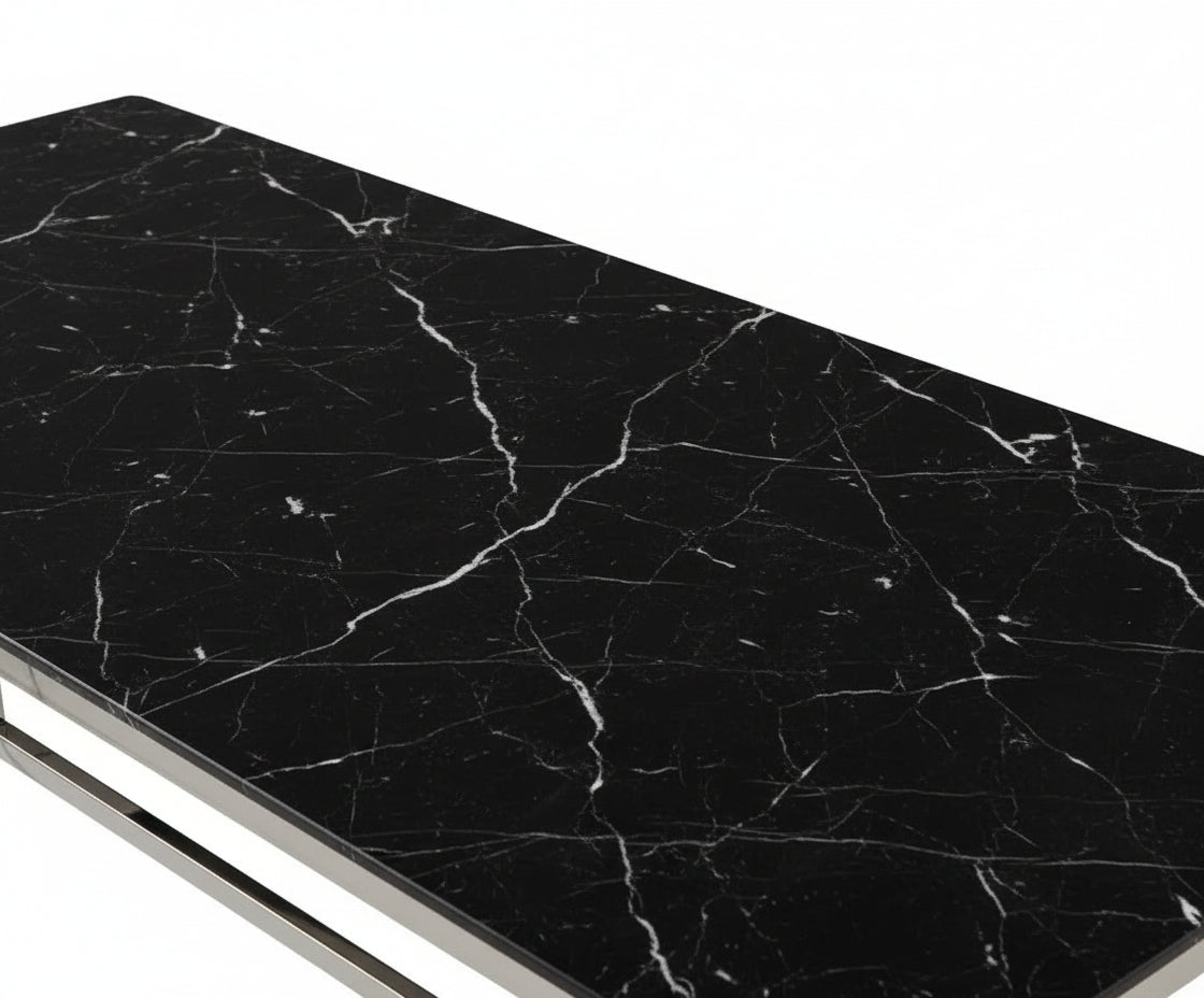 Table à Manger Verre Trempé Marbré Noir & Chromé – 150×90 cm