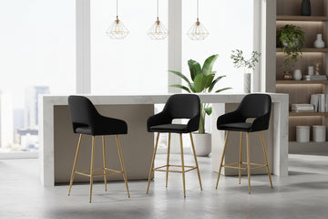 Lot 2 Tabourets de Bar Athena Velours Noir Pieds Gold 47x41x104cm