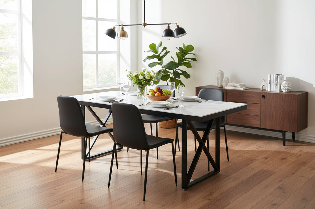 Table repas LEVANTO métal noir plateau en verre trempé #couleur_marbré-blanc