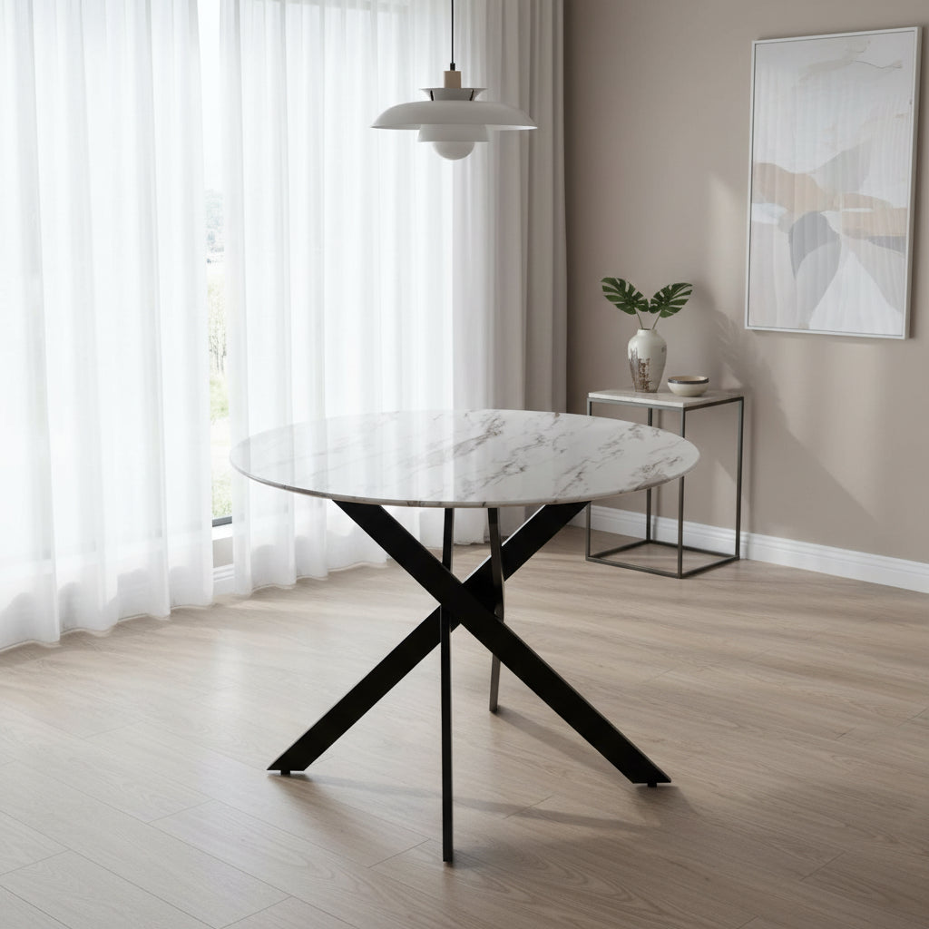 Table à manger ronde JESSICA Métal noir 100 cm 4 couverts #couleur_marbré-gris
