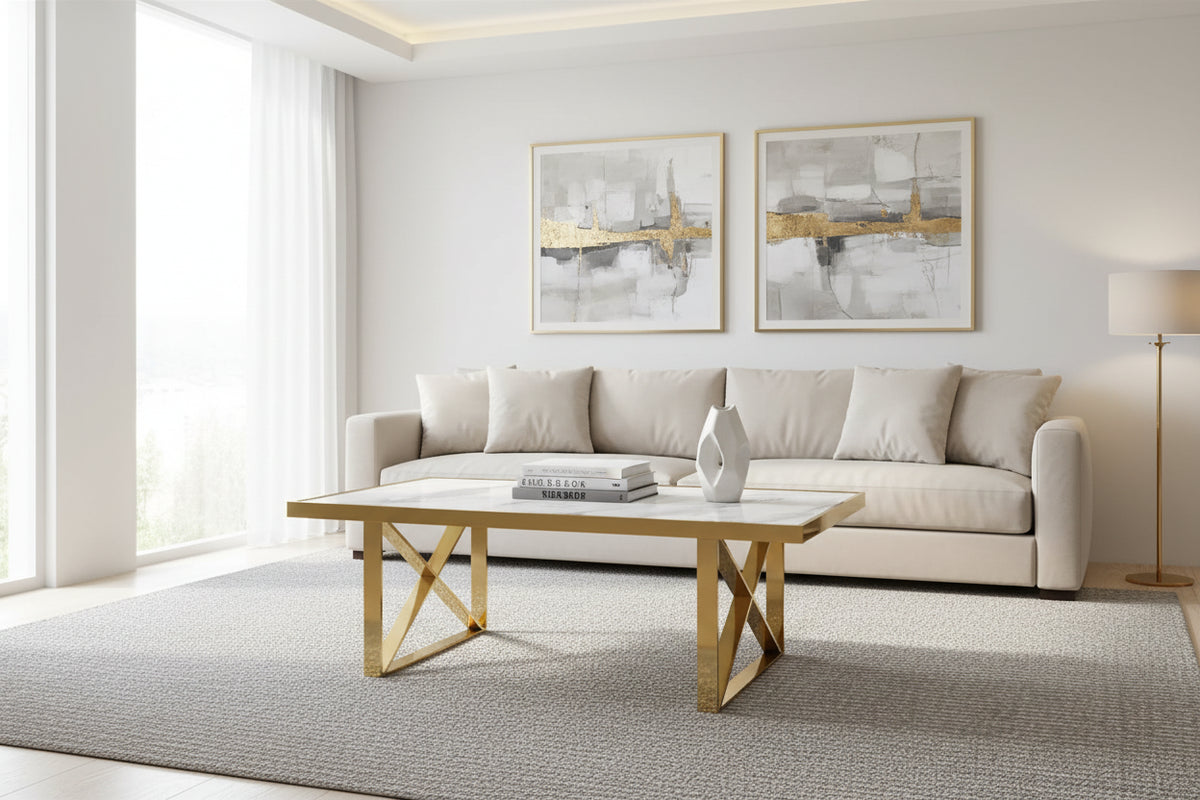 Table basse céramique marbre blanc piètement doré 120x60