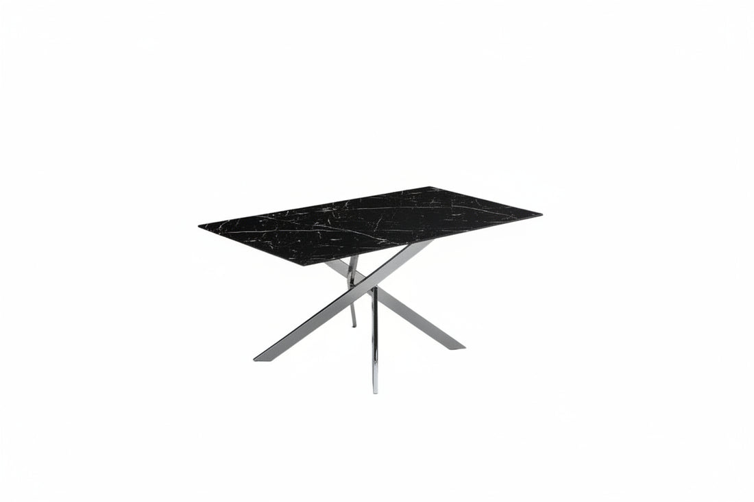 Table Repas JESSICA XXL Chrome et plateau en verre MARBRE NOIR 180 cm 6 à 8 couverts