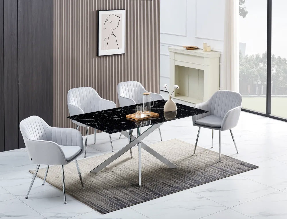 Table Repas JESSICA XXL Chrome et plateau en verre MARBRE NOIR 180 cm 6 à 8 couverts