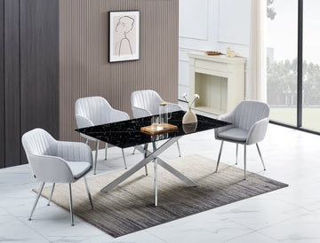 Table Repas JESSICA XXL Chrome et plateau en verre MARBRE NOIR 180 cm 6 à 8 couverts