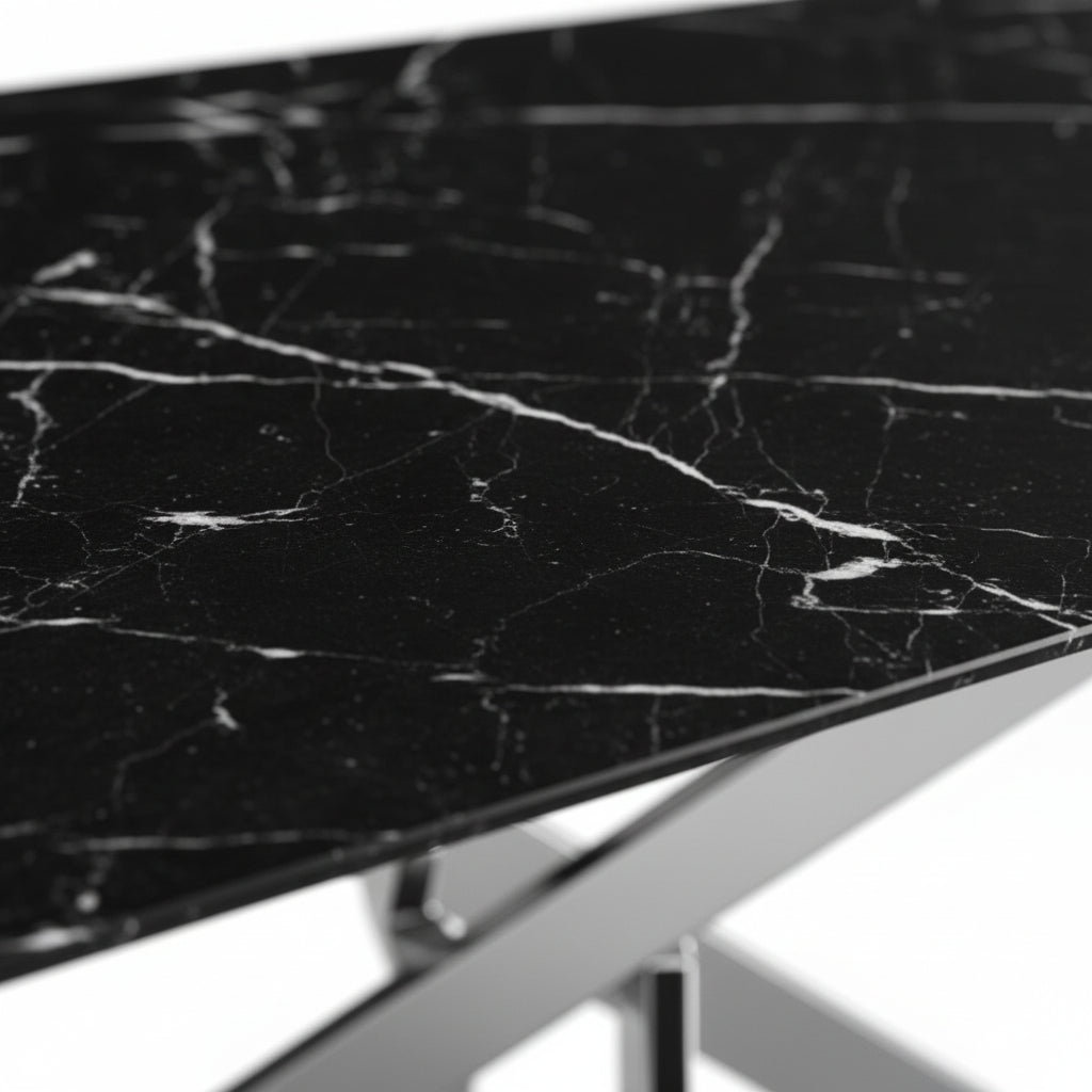 Table Repas JESSICA XXL Chrome et plateau en verre MARBRE NOIR 180 cm 6 à 8 couverts