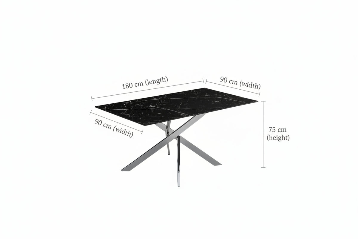Table Repas JESSICA XXL Chrome et plateau en verre MARBRE NOIR 180 cm 6 à 8 couverts