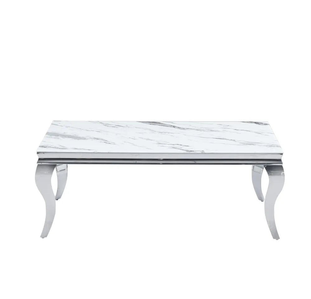 Table Basse BAROQUE Rectangle Plateau Verre Trempé Marbré Blanc Pieds Chrome 120x60x45cm