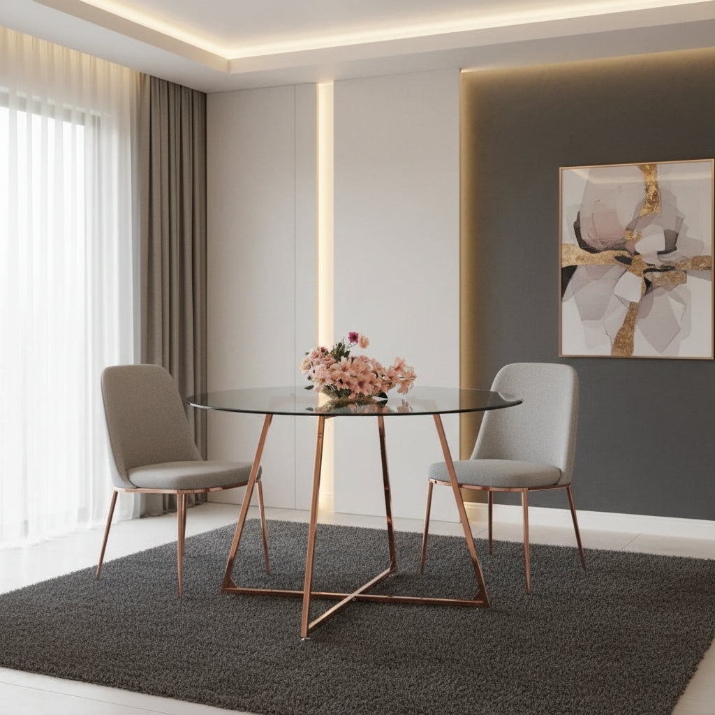 Table à Manger Ronde Verre Transparent - Pied Rose Gold – D120×75 cm – HELOISE