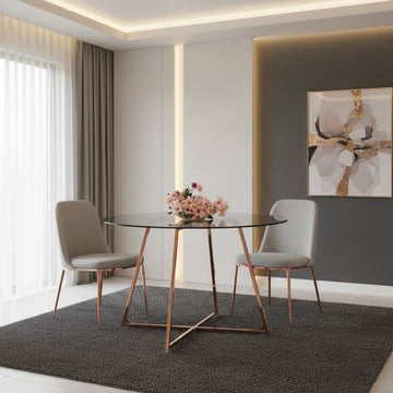 Table à Manger Ronde Verre Transparent - Pied Rose Gold – D120×75 cm – HELOISE