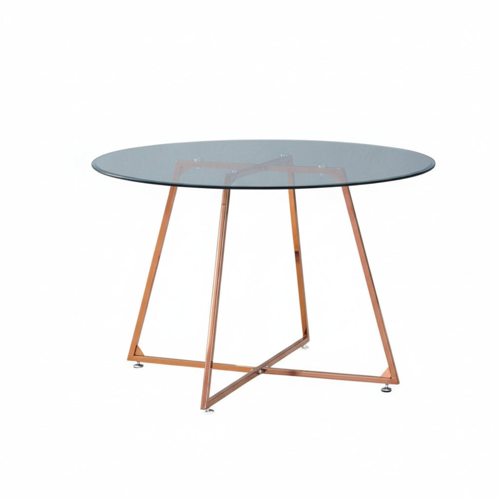 Table à Manger Ronde Verre Transparent - Pied Rose Gold – D120×75 cm – HELOISE