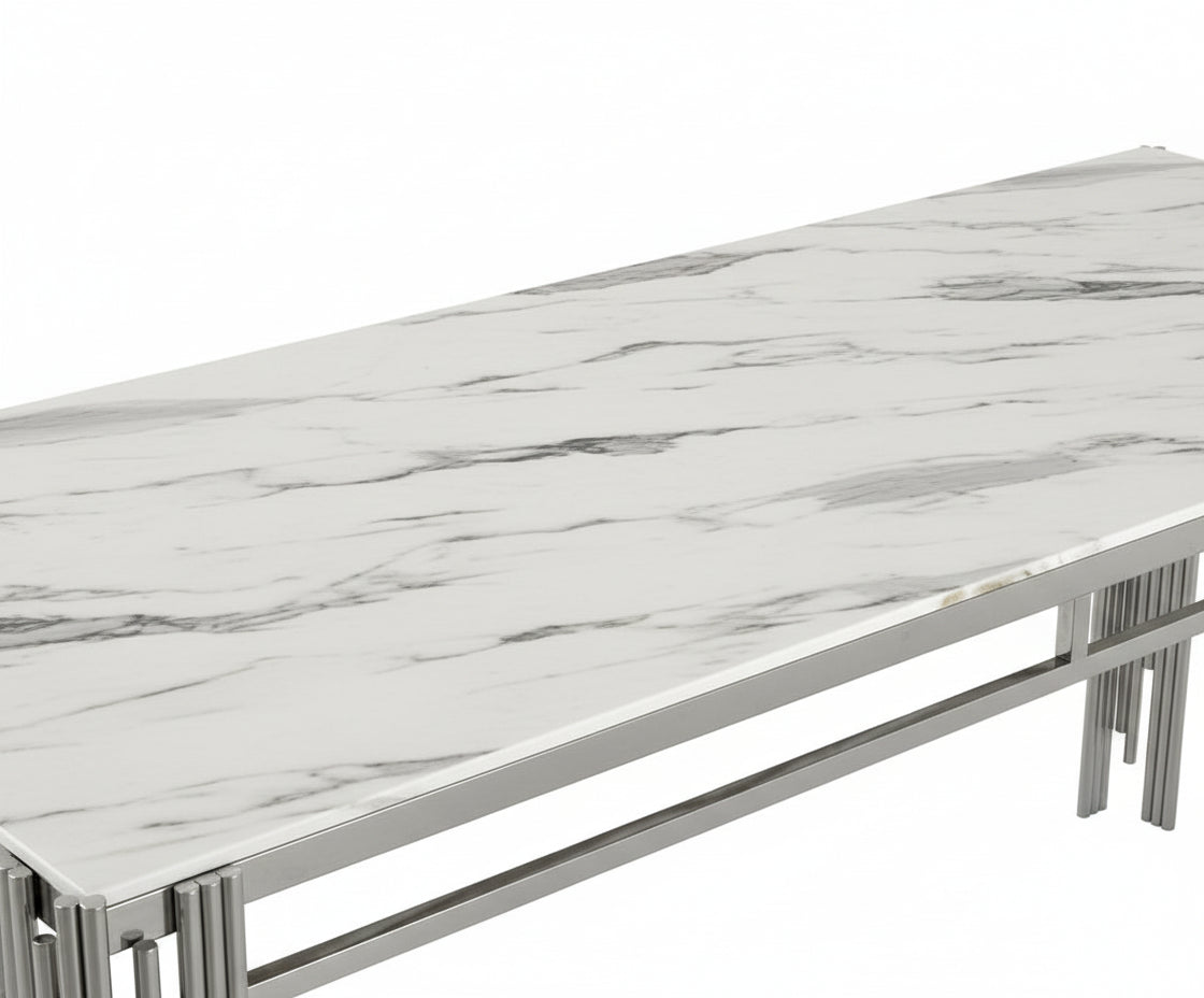 Table à Manger rectangulaire Verre Trempé Marbré Blanc et pieds Chromé – 150×90 cm