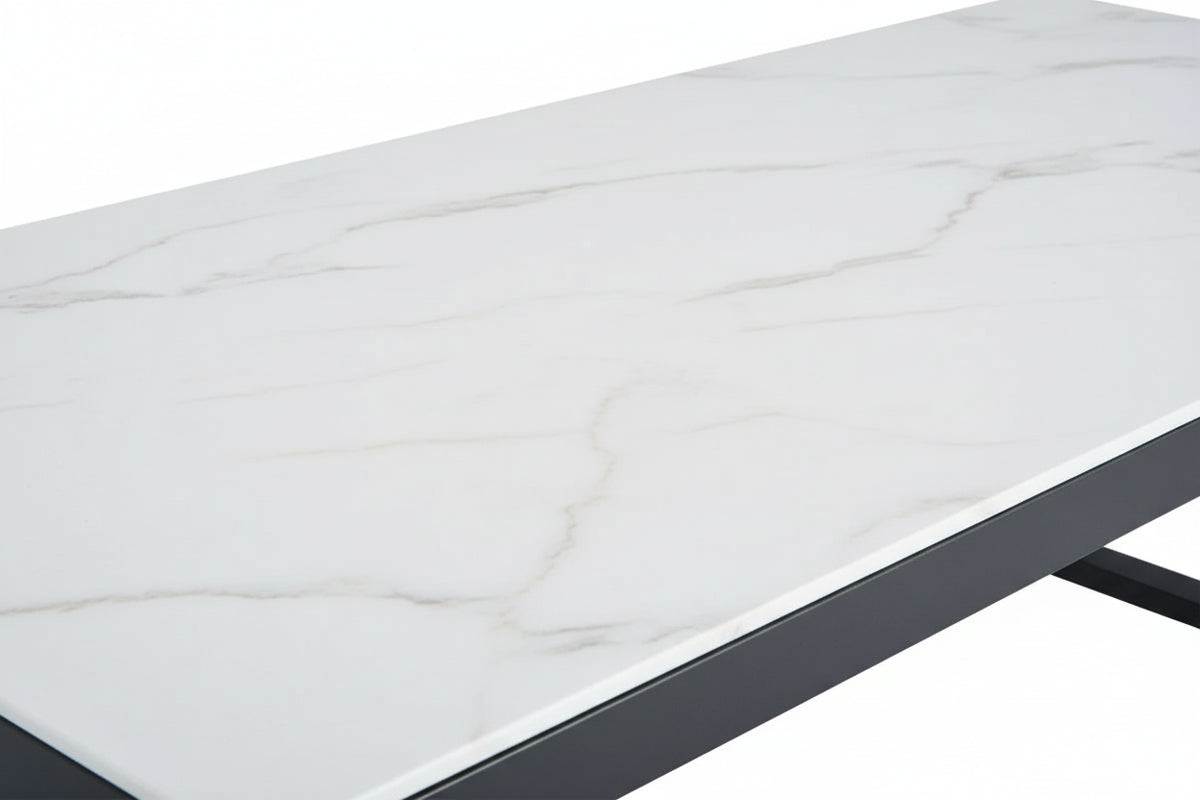 Table Basse LEVANTO Plateau Verre Trempé Marbré Blanc Structure Métal Noir 120x60x45cm