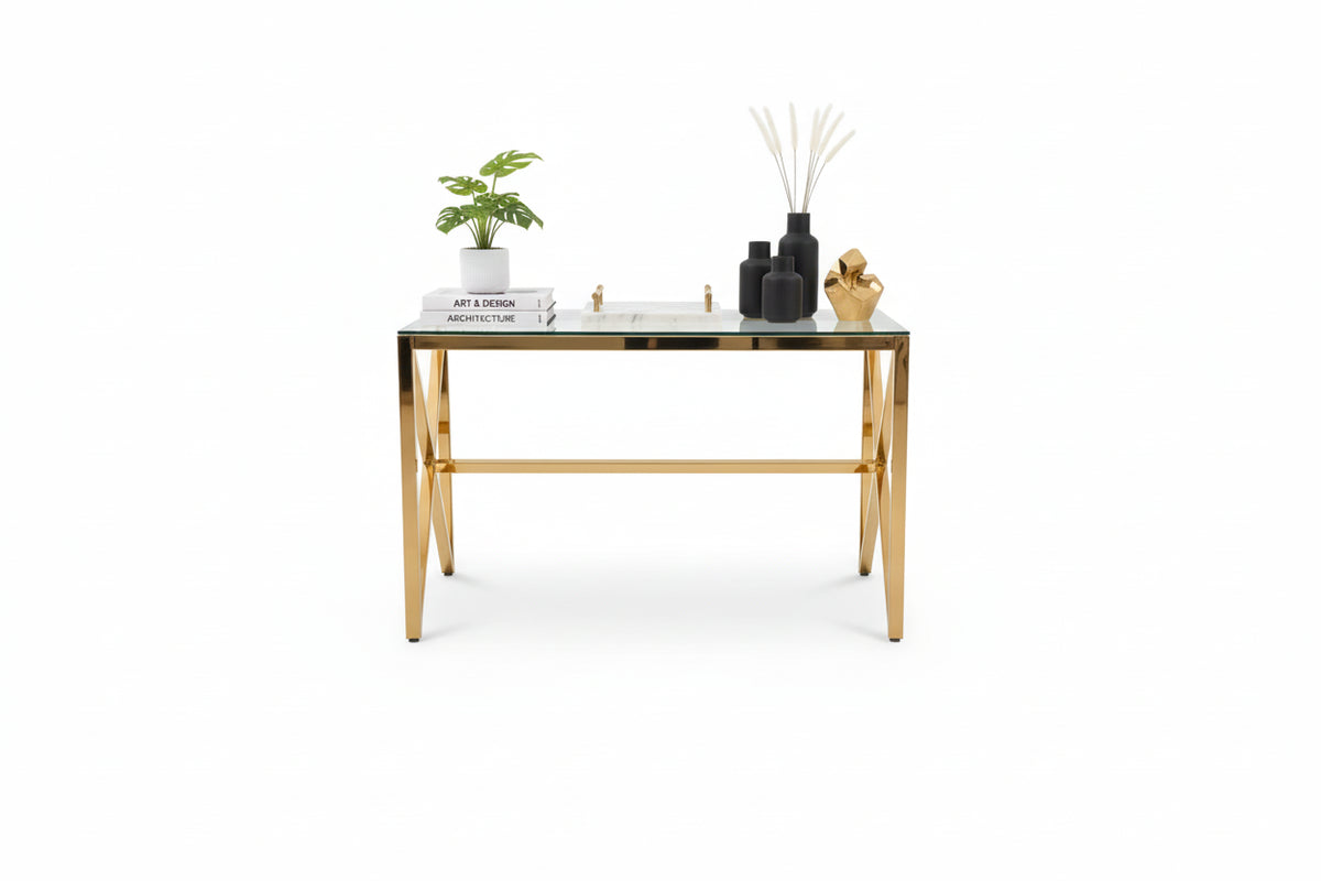 Console métal doré lignes cintrées plateau verre transparent 120cm MAJESTIQUE