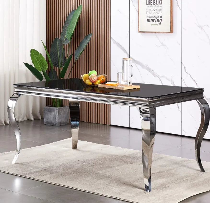 Table à manger BAROQUE 6 à 8 couverts pieds chrome plateau en verre 180x90 cm #couleur_noir