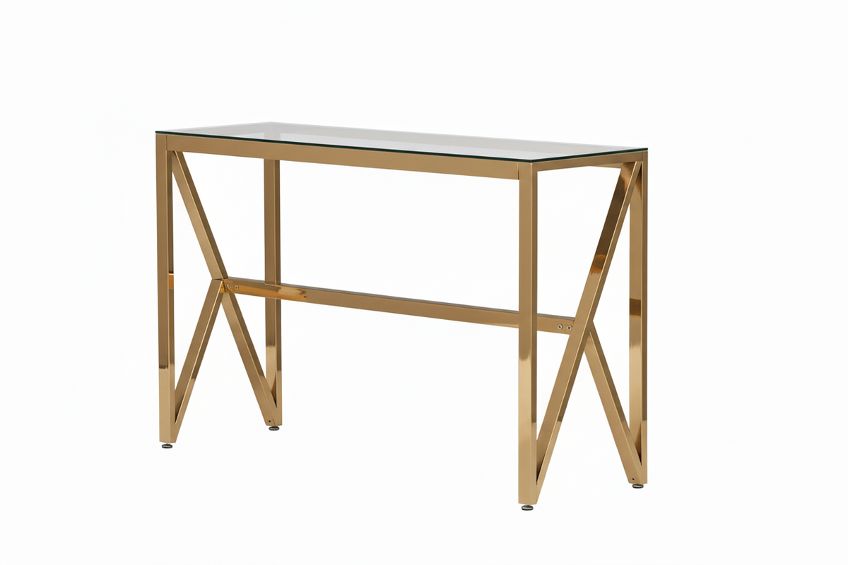 Console métal doré lignes cintrées plateau verre transparent 120cm MAJESTIQUE