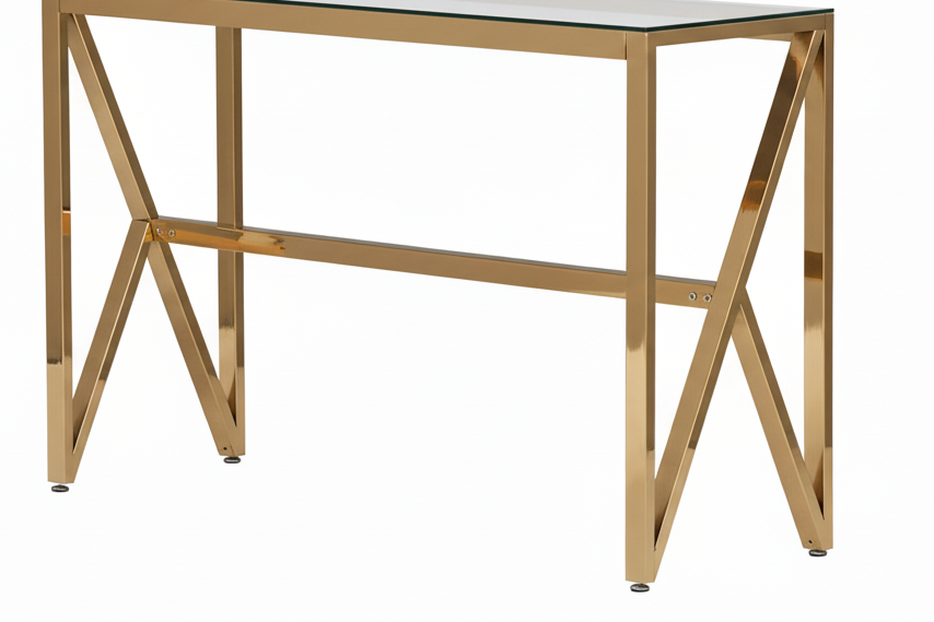 Console métal doré lignes cintrées plateau verre transparent 120cm MAJESTIQUE