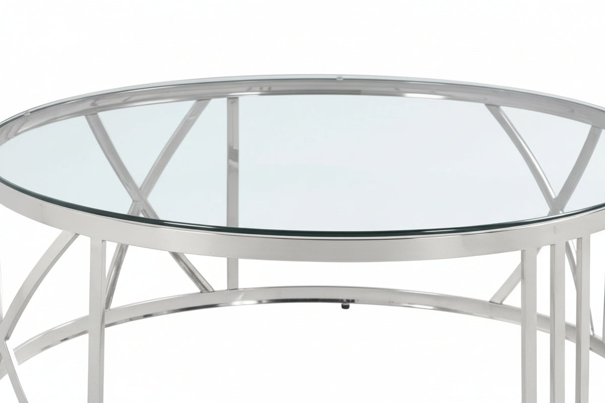 Table Basse ATMOS Ronde Plateau Verre Trempé Transparent Pieds Chrome D100x45cm