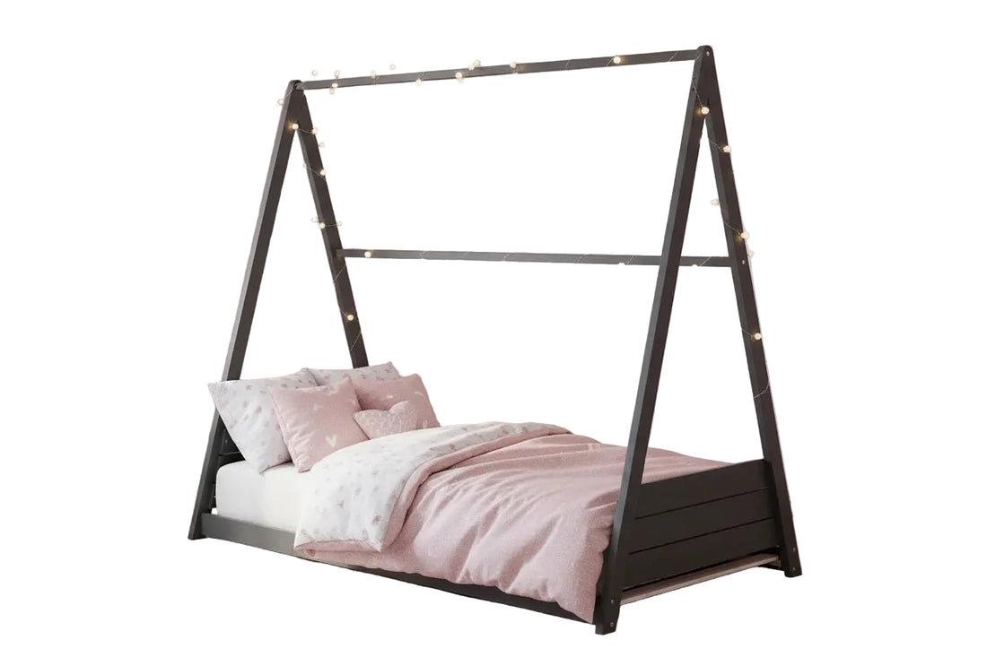 Lit cabane Montessori enfant 90x190 cm pin massif sommier inclus TIPI – Gris