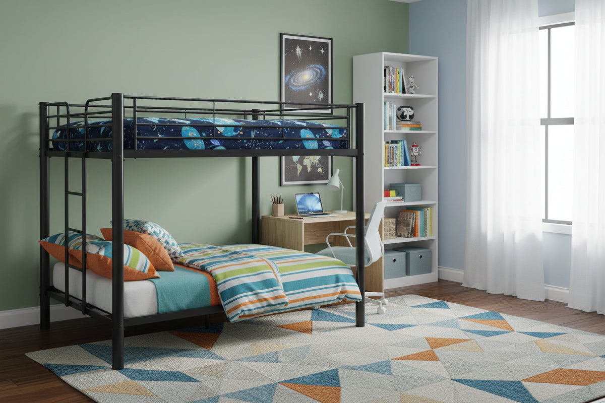 Lit superposé 4 places métal noir 2x140x190 cm sommier inclus COLOSSE
