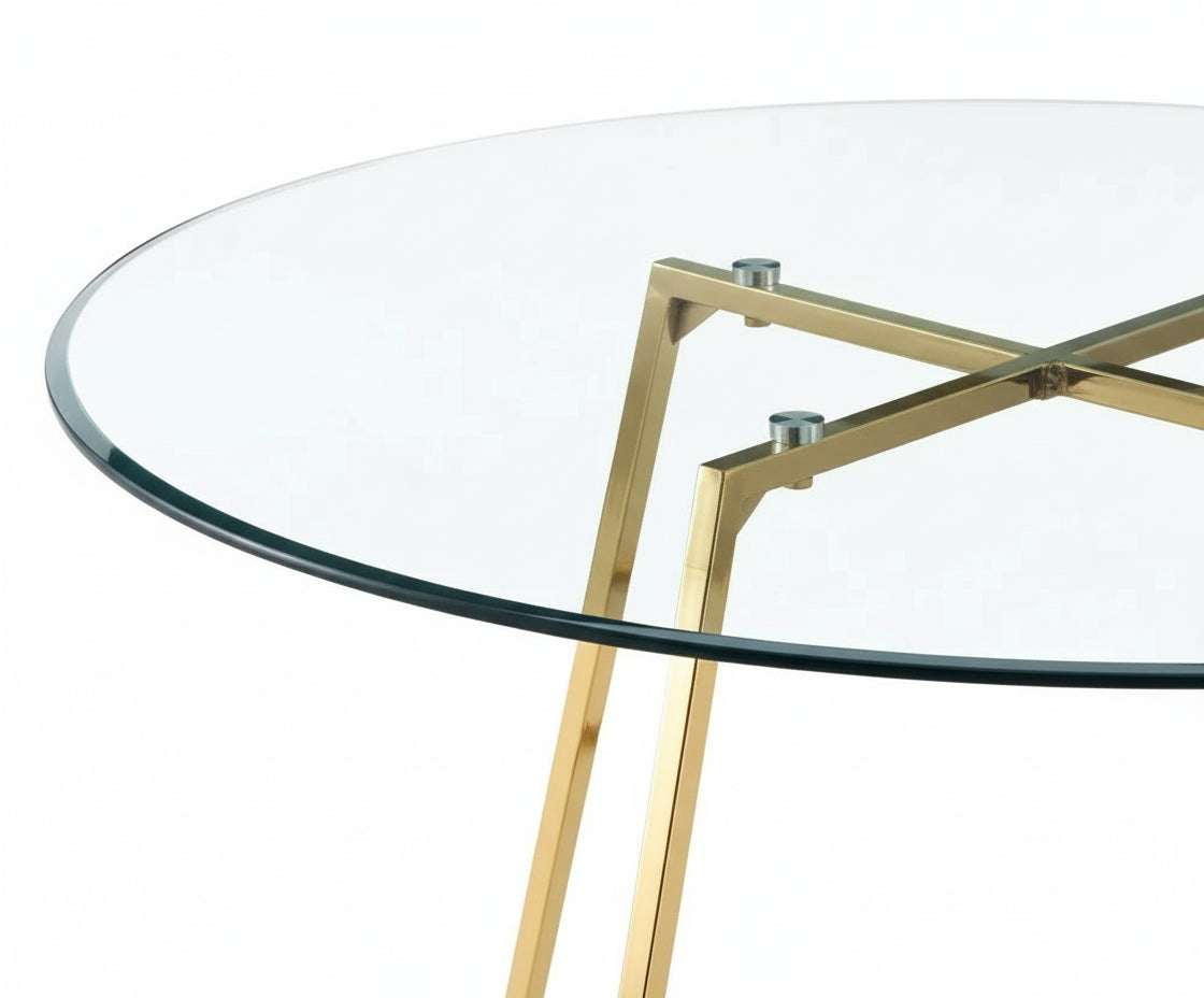 Table à Manger Ronde Verre Transparent Pieds Métal Doré 120x75cm - HELOISE#couleur_transparent