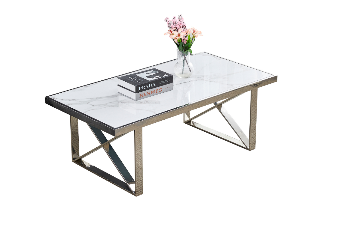 Table Basse LEVANTO – Chrome & Marbre Blanc – 120x60x45 cm