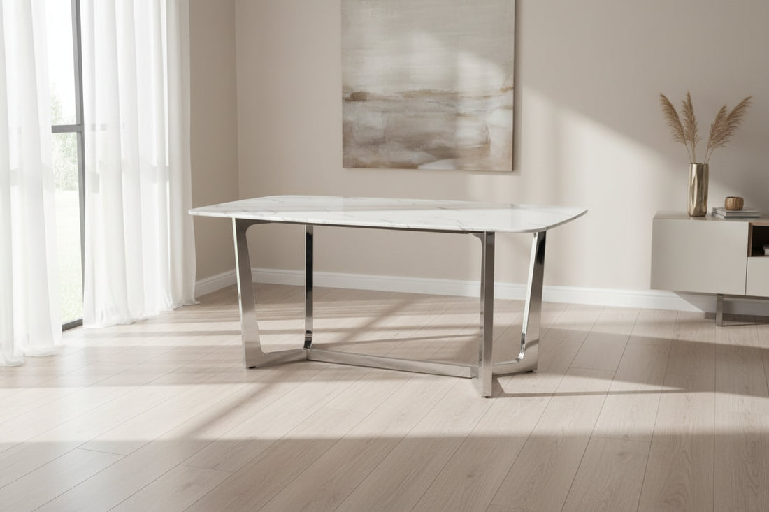 Table à manger GOSSIP plateau en Granite Marbré Blanc #couleur_chrome