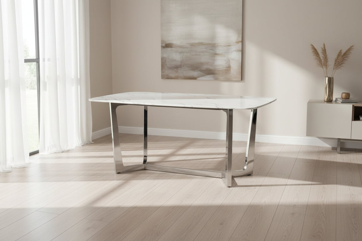 Table à manger GOSSIP plateau en Granite Marbré Blanc #couleur_chrome