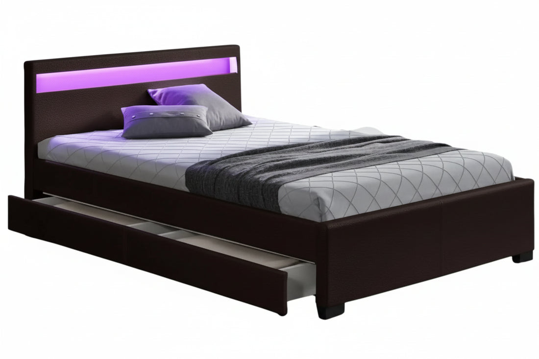 Lit adulte 160x200 cm noir avec tiroirs LED sommier inclus