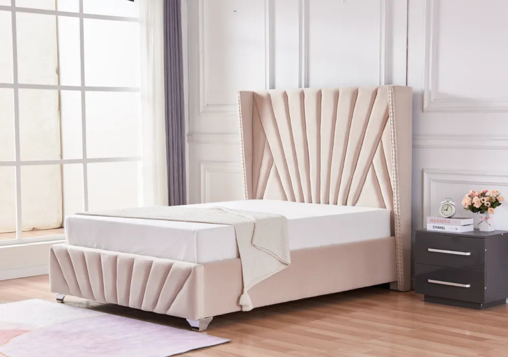 Lit 2 places 140x190 cm velours Beige sommier intégré BONIFACIO