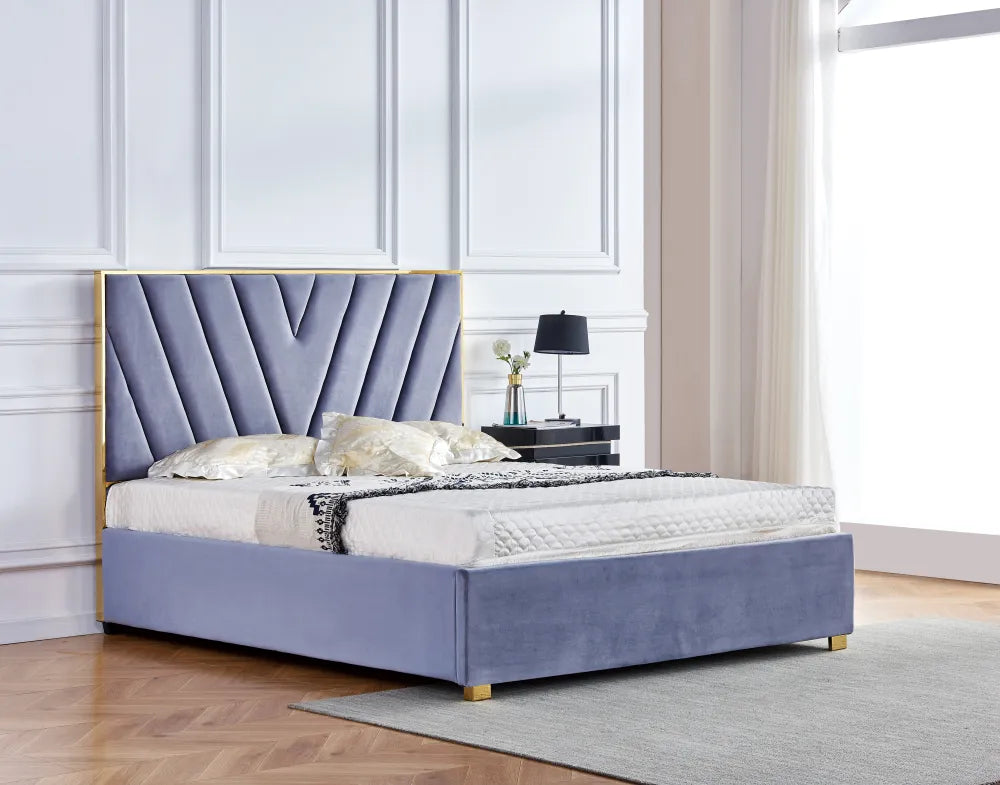 Lit adulte VERA 160x200 cm en velours gris avec sommier intégré