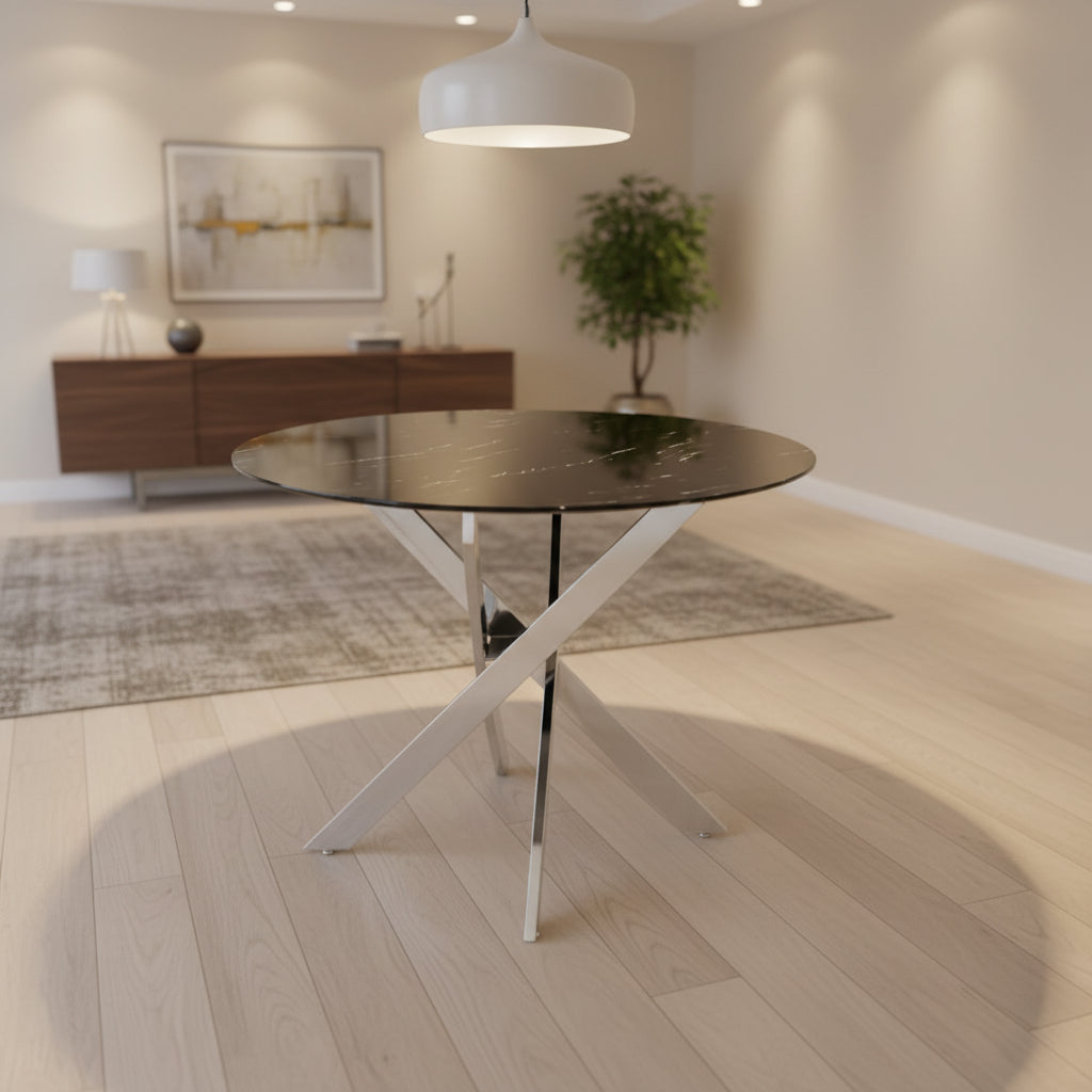 Table à manger ronde JESSICA chrome 100 cm 4 couverts #couleur_marbré-noir