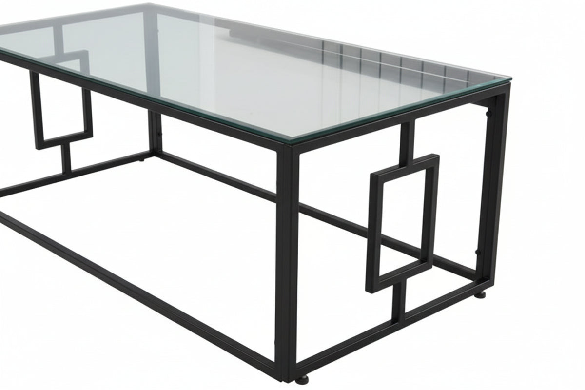 Table Basse SOPHIE Pieds Métal Noir Plateau Verre Trempé Transparent 120x60x45cm
