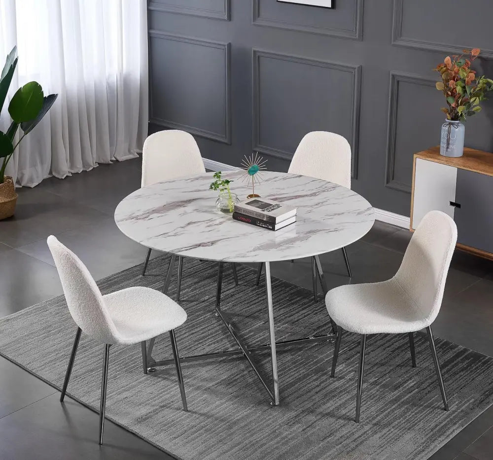 Table à manger ronde 4 personnes HELOISE Chrome en verre trempé D120 cm #couleur_marbré-blanc