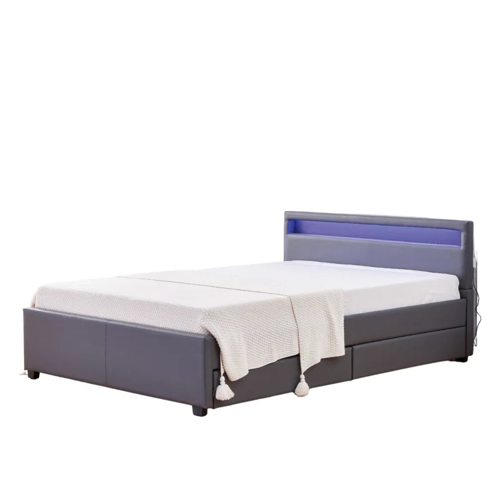 Lit adulte 160x200 cm gris avec tiroirs LED sommier inclus