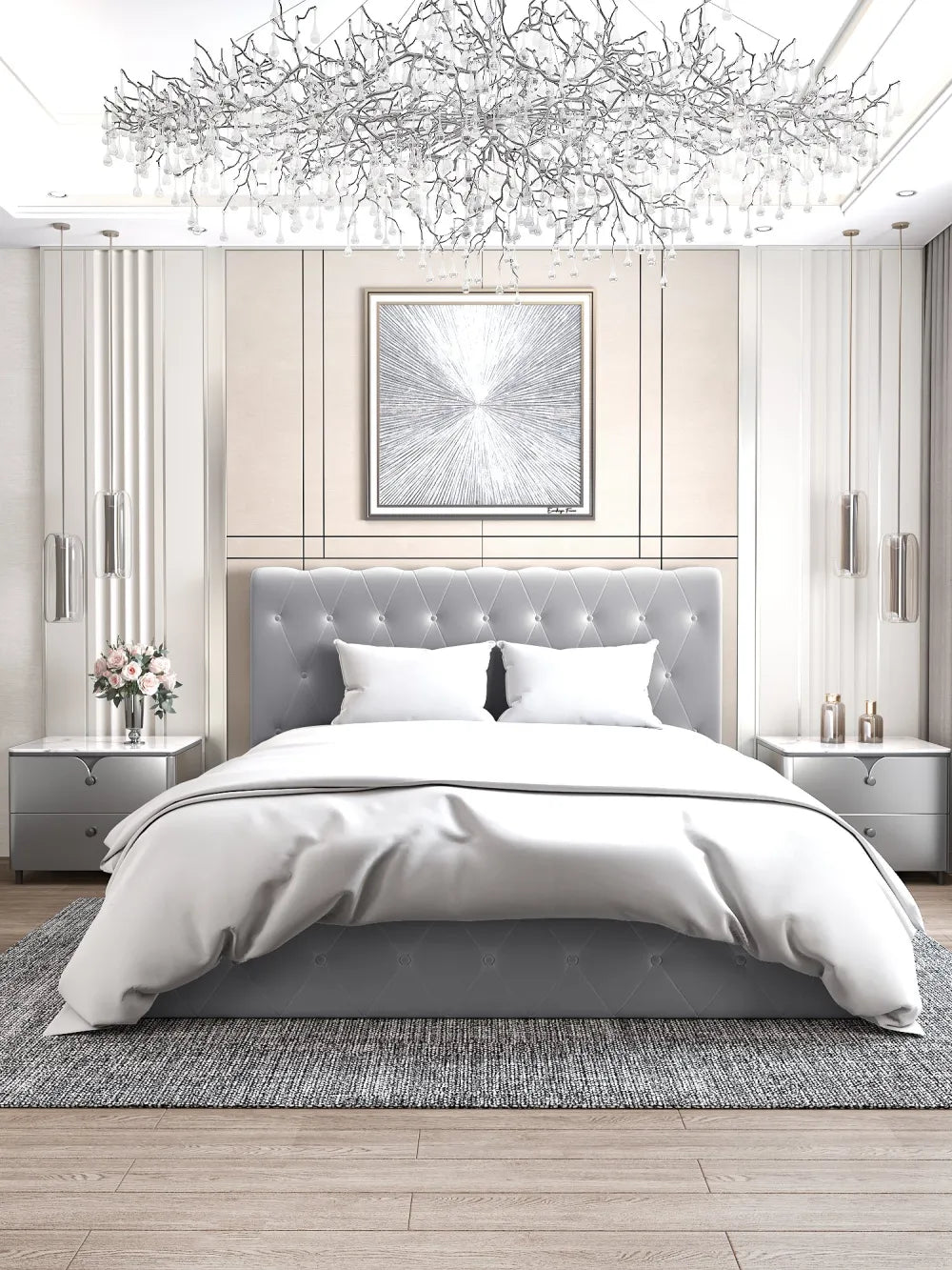 Lit coffre 2 places en velours gris 140x190cm CORSICA