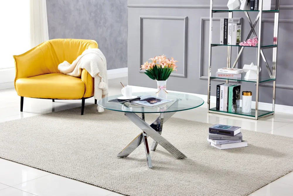 Table basse ronde JESSY pieds chrome et plateau en verre TRANSPARENT 80 cm #couleur_transparent