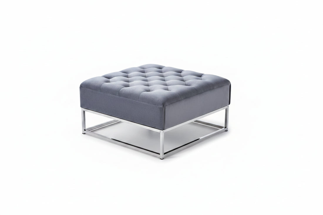 Table basse pouf velours gris 80x80 cm - CAPITONNE