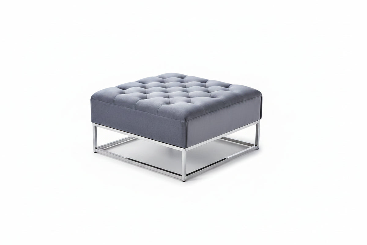 Table basse pouf velours gris 80x80 cm - CAPITONNE