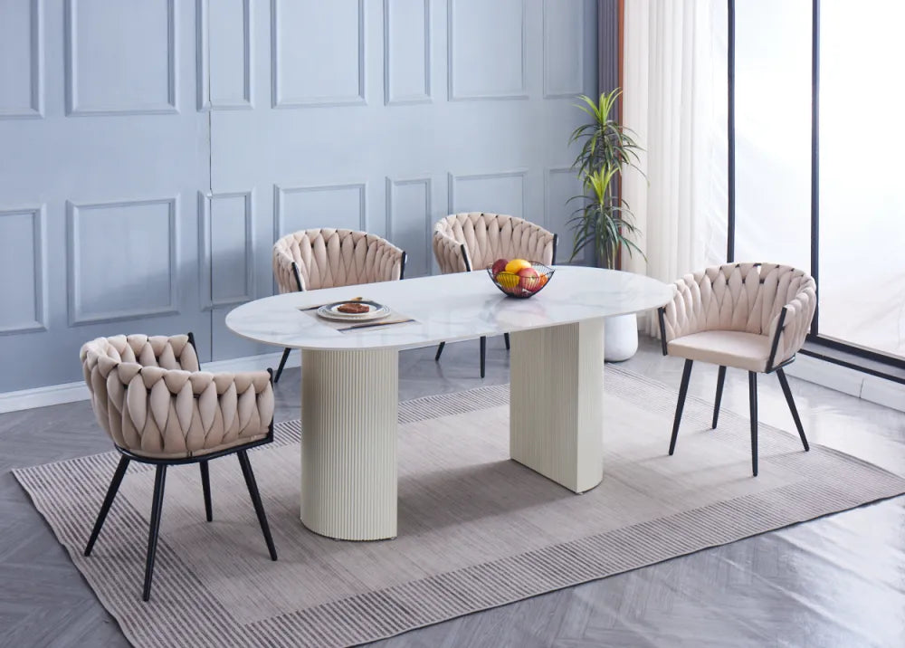 Table à manger ANNA plateau en céramique marbré blanc L 180 cm