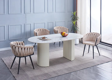 Table à manger ANNA plateau en céramique marbré blanc L 180 cm