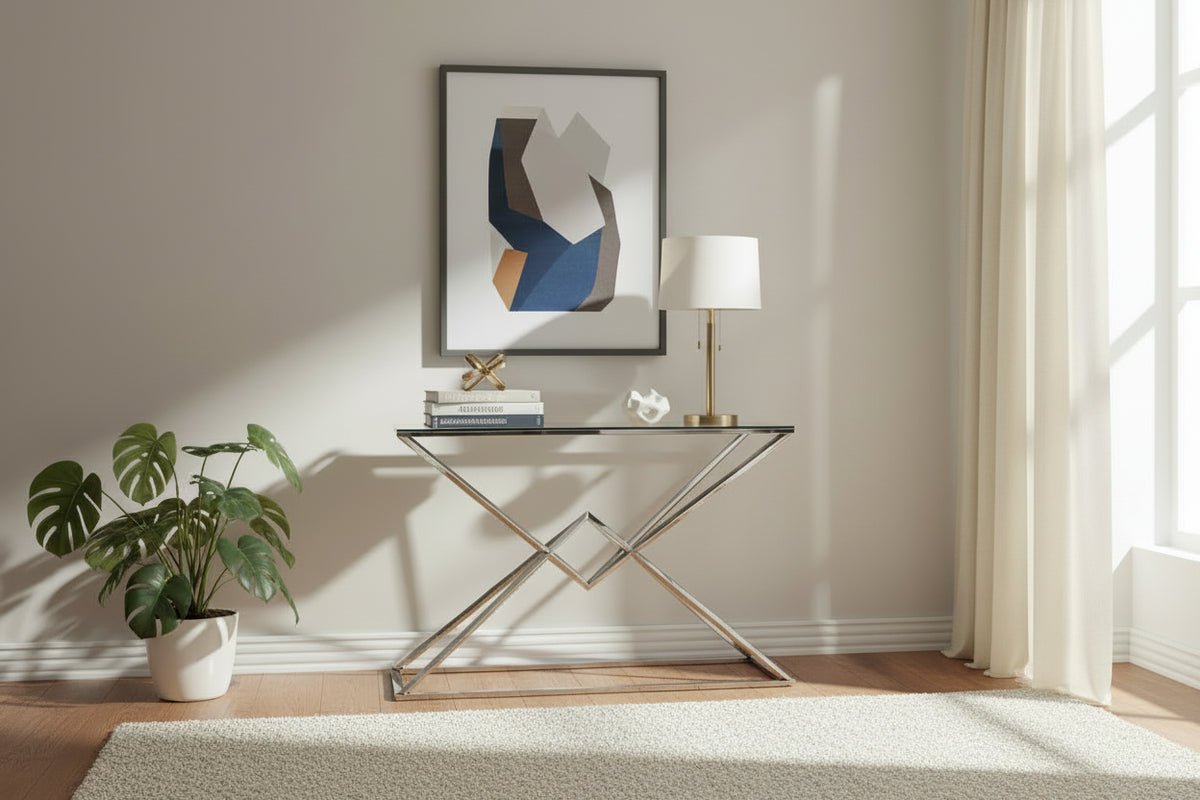 Console acier inoxydable chrome plateau verre trempé 120 cm Pyramide
