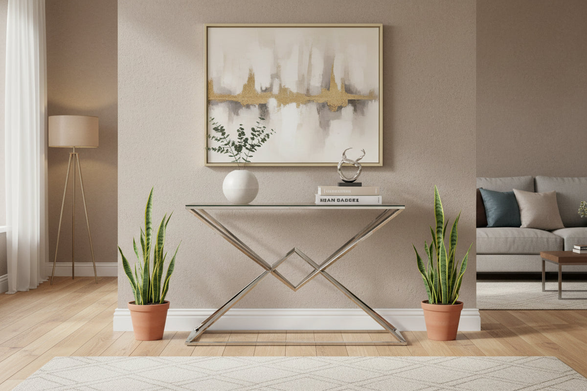 Console acier inoxydable chrome plateau verre trempé 120 cm Pyramide