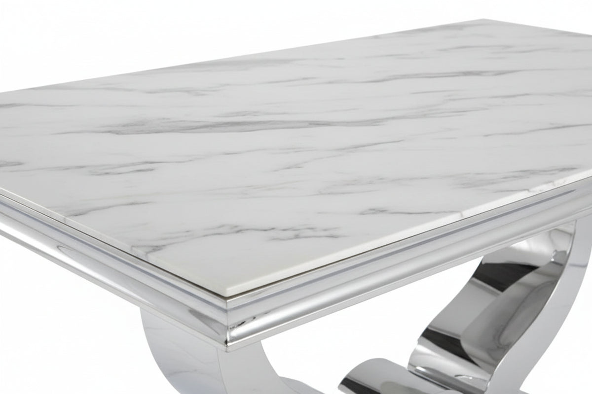 Table à manger verre marbré blanc pied métal chrome 150x90 cm TROFY
