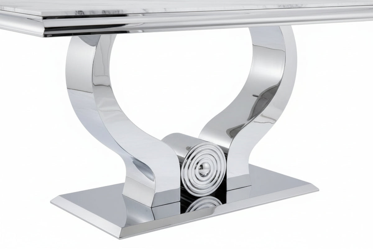 Table à manger verre marbré blanc pied métal chrome 150x90 cm TROFY