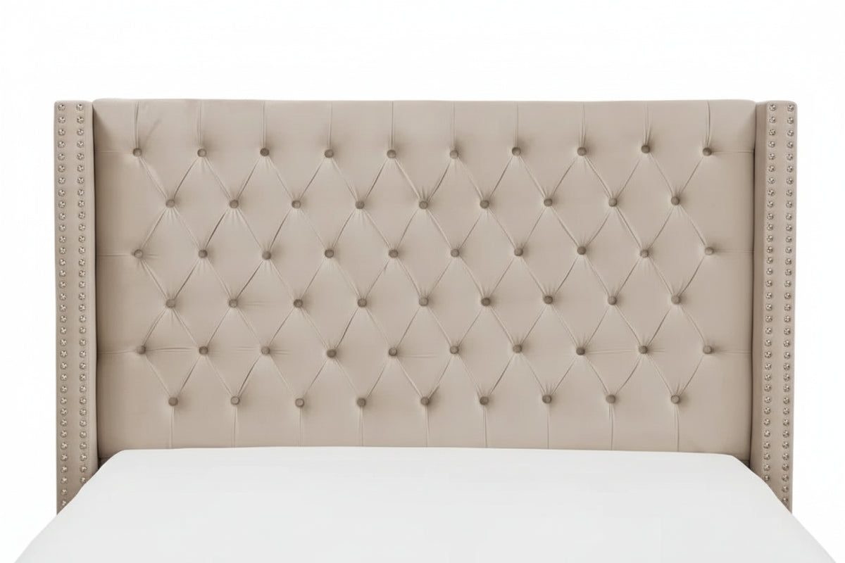 Lit double 180x200 cm velours beige tête capitonnée sommier inclus PRINCESSE