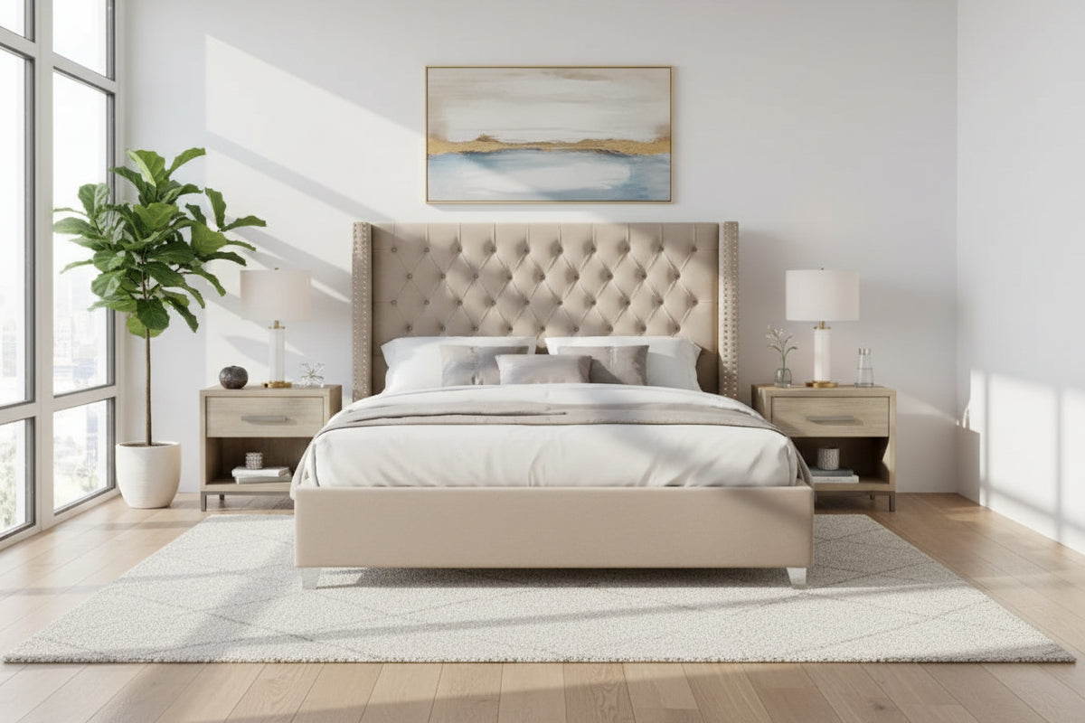 Lit double 180x200 cm velours beige tête capitonnée sommier inclus PRINCESSE