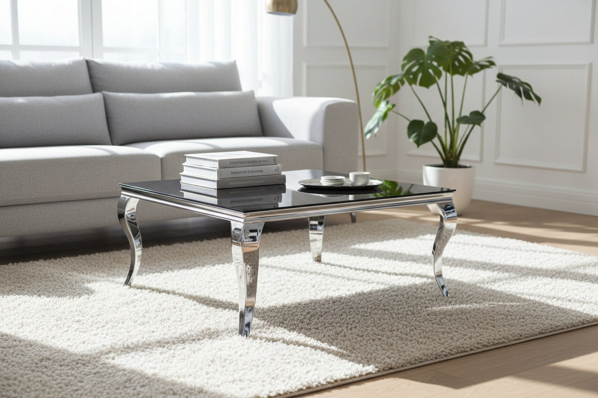 Table Basse Carrée Chrome Verre Noir 100x100x45 cm BAROQUE