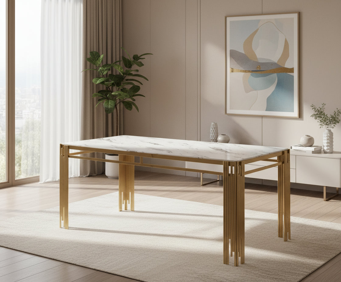 Table à manger Rectangulaire Gold Plateau effet Marbré Blanc – 150x90x75 cm – FLUTE