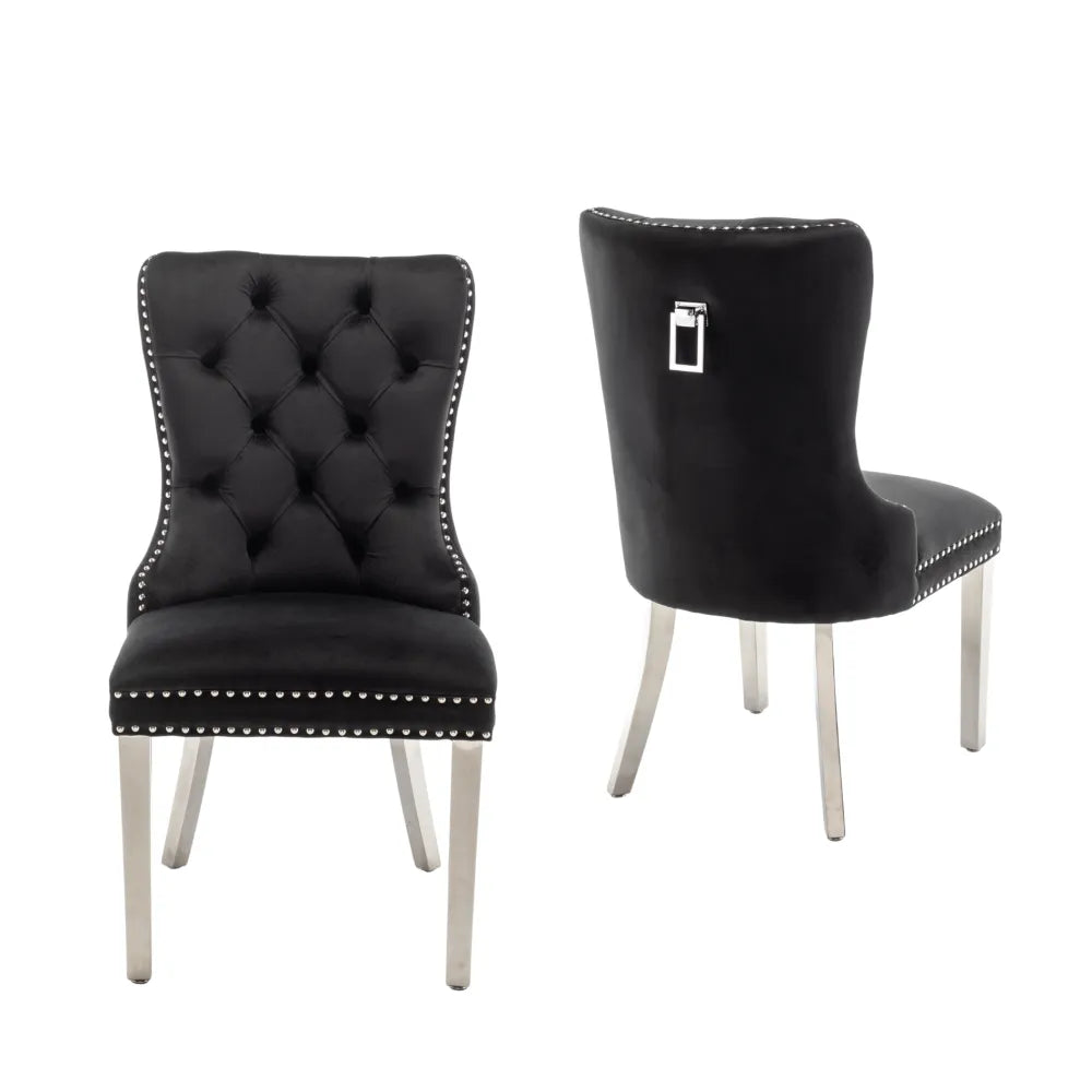 Lot de 2 chaises POIGNEE Clouté en velours pied chromé - Noir